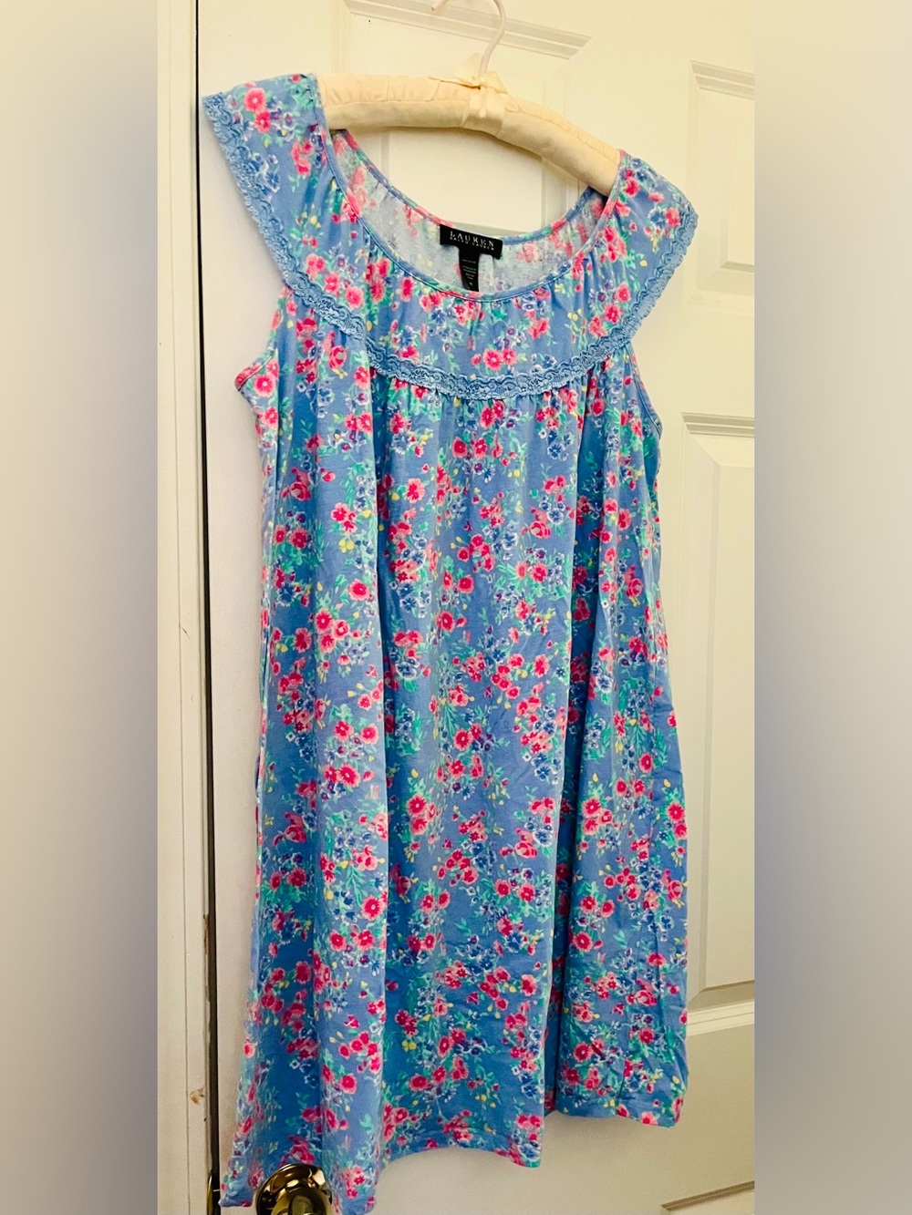Ralph Lauren Light Blue Floral Sweet Nightgown Dress With Lace Trim
